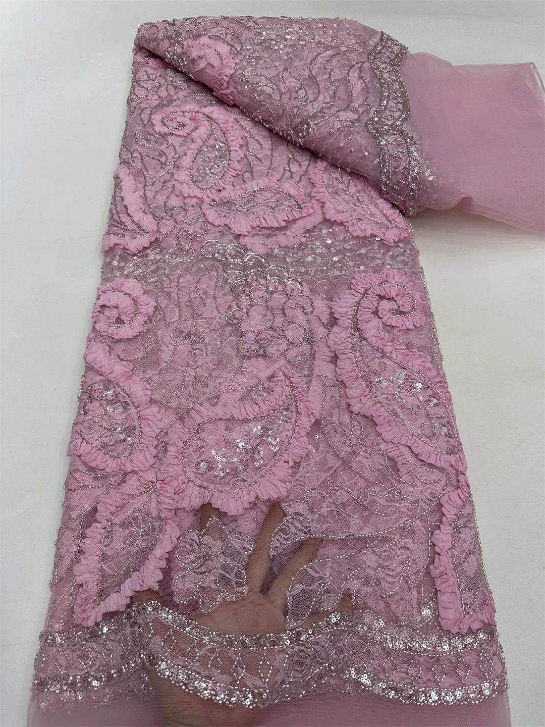 Luxuriöser 3D-afrikanischer schwerer handgefertigter Perlen-Tüll-Spitzenstoff 2025, nigerianischer französischer Pailletten-Netz-Spitzenstoff für Hochzeits-Party-Kleider