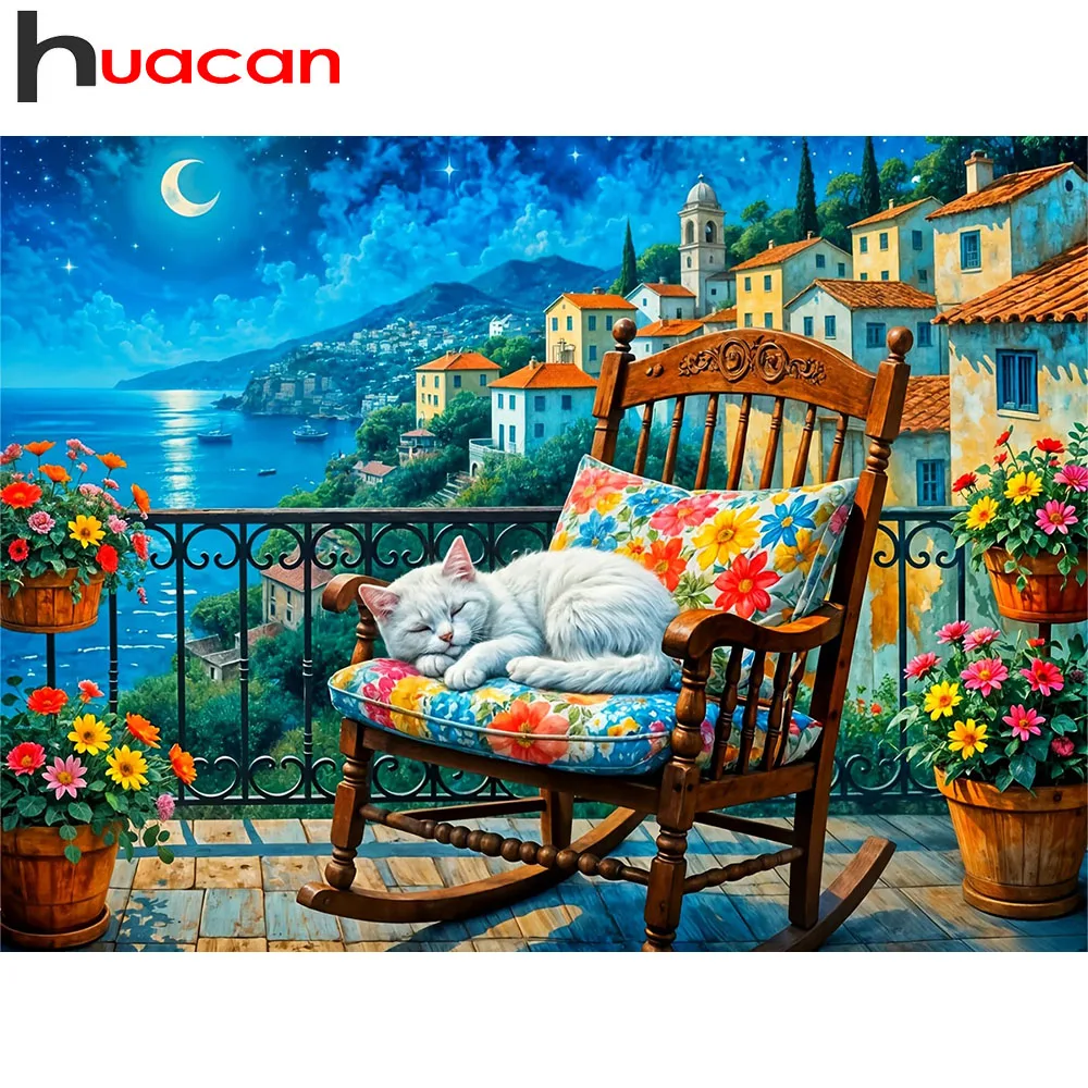 Huacan Neues Diamant-Mosaik, Nachtlandschaft, rundes und quadratisches Gemälde, Stuhldekoration für Zuhause