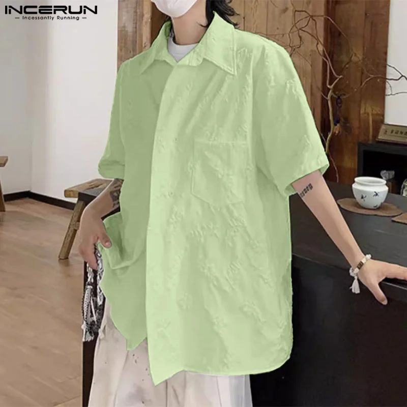 

INCERUN Tops 2024 Korean Style Men's Textured Short Sleeved Shirts Casual Streetwear Male Solid Simple Loose Lapel Blouse S-5XL