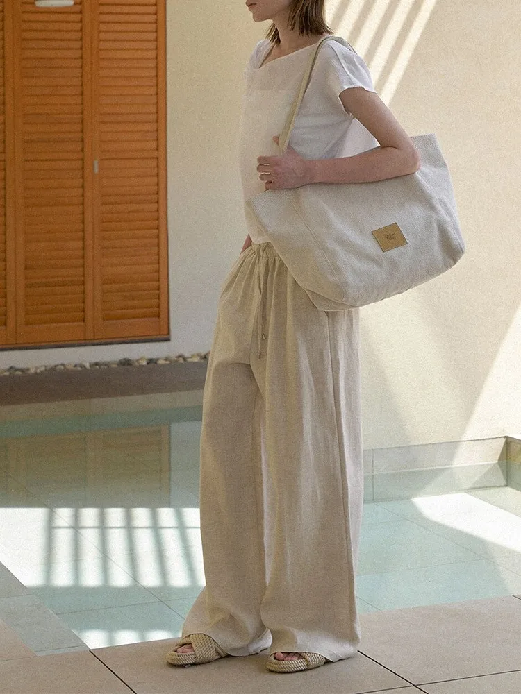 Summer Women's Casual Pleated Trousers Beige Drawstring Waist Linen Pants Loose Fit Solid Color Straight Leg Pants