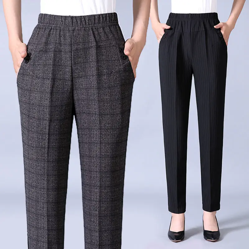 Jesień Zima Kobiety Plus Polar Casual Plaid Pencil Pants Koreańska moda Streetwear Odzież Wysoka talia Ciepłe proste spodnie