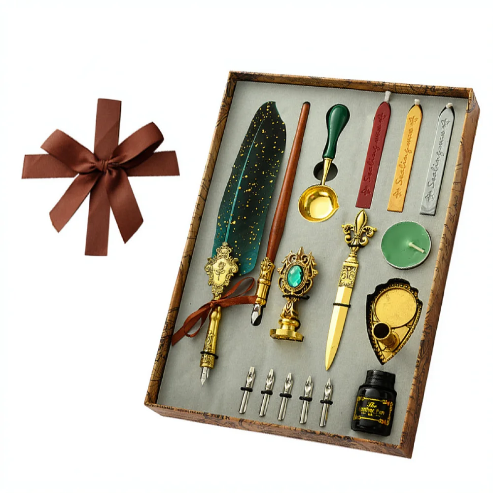 Elegant Vintage Feather Pen Set Antique Calligraphy Dip Ink Stationery Gift Box Creative Art Writing Tool Supplies