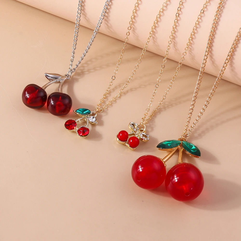 Aihua New Lovely Gold Color Wine Red Cherry Pendant Necklace For Women Personality Necklace Wedding Jewelry Birthday Gifts