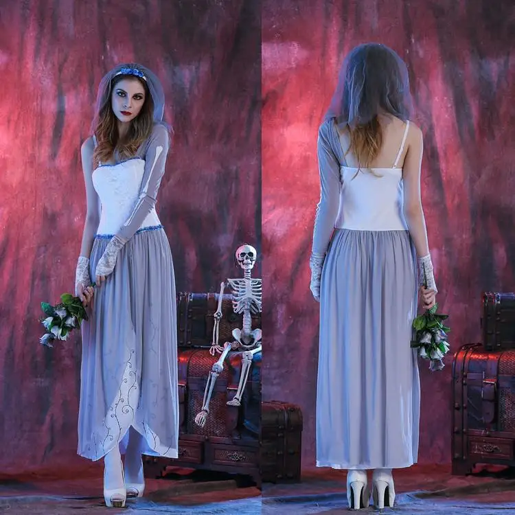 White Zombie Ghost Bride Costume loween Role Play Masquerade Ball Stage Performance Night Club Outfit Polyester Fiber