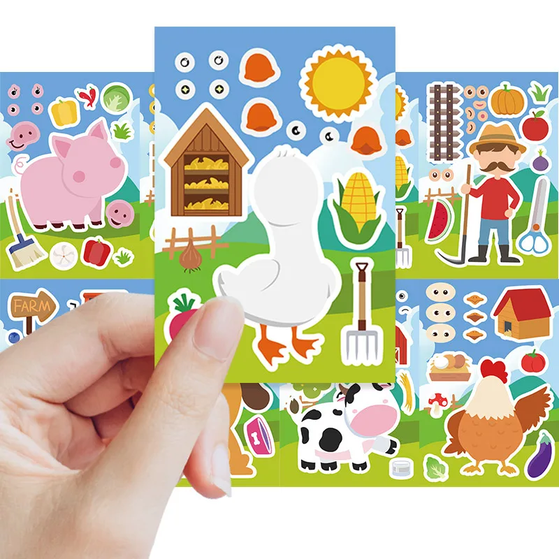 

8/16Sheets Cute Animal Farm Cartoon Puzzle Sticker DIY Phone Laptop Luggage Skateboard Graffiti Decals Fun for Kid Gift
