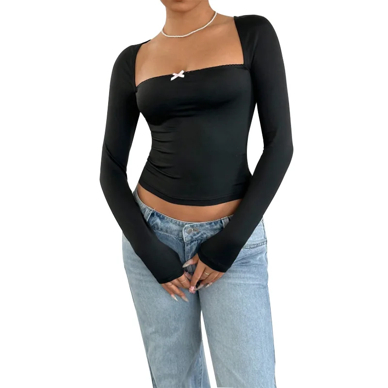 T-shirt à manches longues et col carré, Sexy, automne, pull ajusté, Base supérieure, 2025