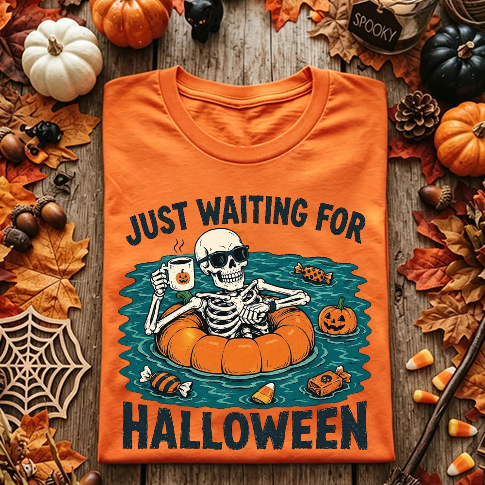Just Waiting for Halloween Skeleton Pumpkin Swim Ring Graphic T-shirt Men Women Unisex Cotton Short Sleeve Casual Summer Tee Top