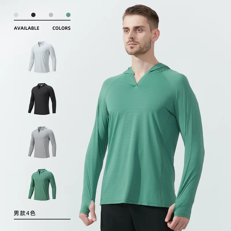 

Весенняя повседневная мужская футболка для бега с длинными рукавами и капюшоном с v-образным вырезом, уличная футболка для фитнеса и тренировок, велосипедный спортивный быстросохнущий мужской костюм