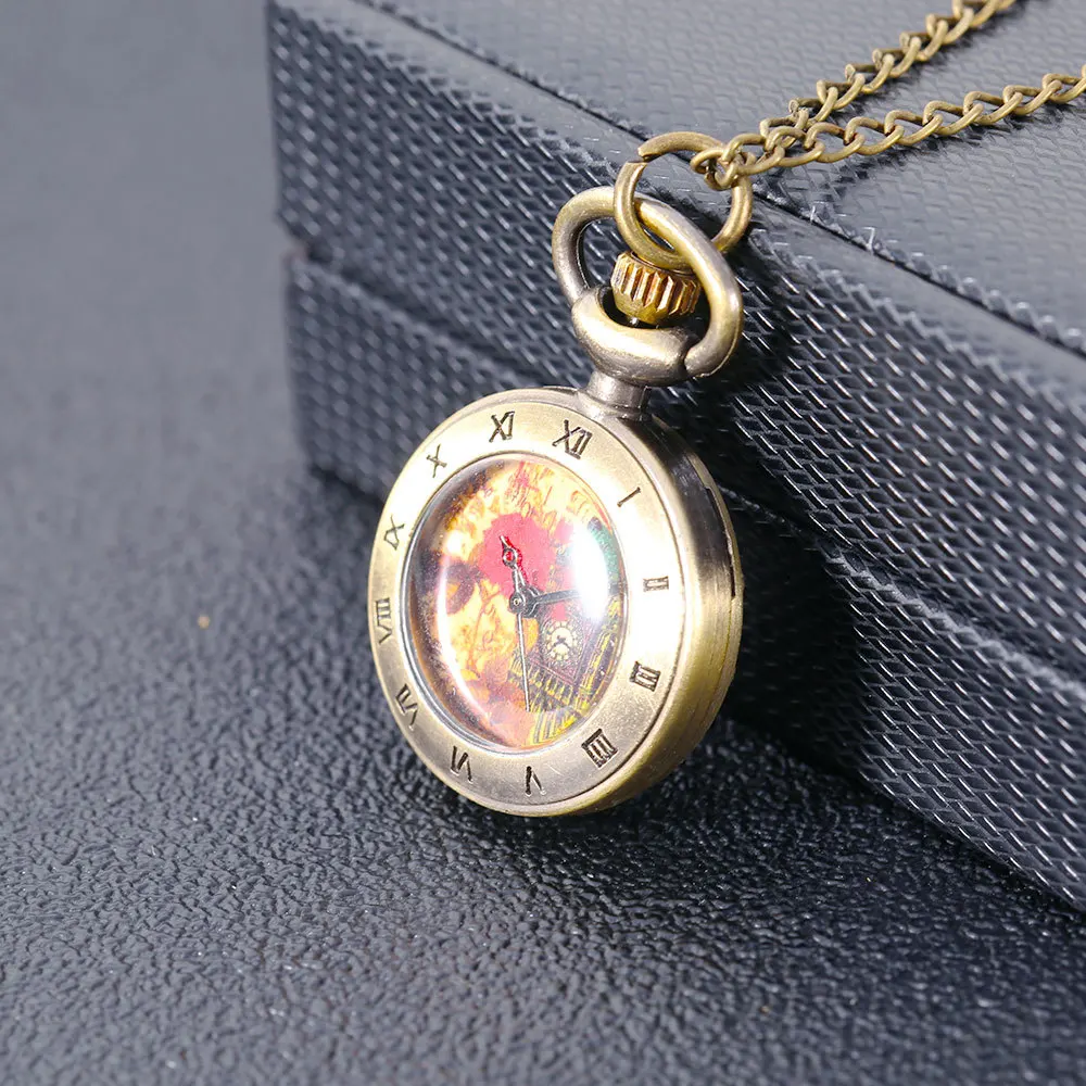 New Vintage Pocket Small Watch Steampunk Quartz Watch With Chain Hollow Heart Cover Necklace Bronze Color Alloy Clock Men Gift