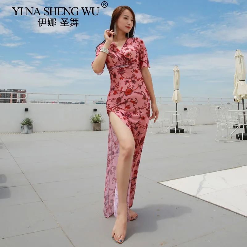 Costume de brevdu Ventre Professionnel pour Femme, Longue Robe Fendue à Fleurs Florales, Vêtements de Performance