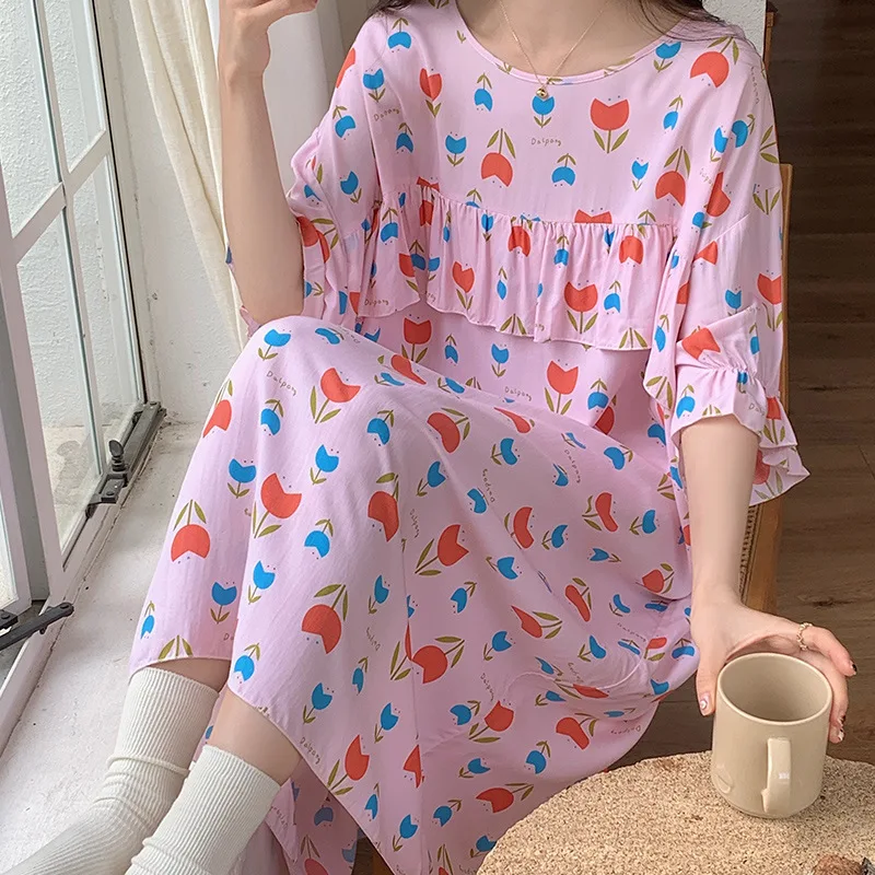Summer Printed Cotton Silk Sleeping Skirt for Women Sweet Round Neck Short Sleeve Pajama Dress Female Home Furnishing Clothing