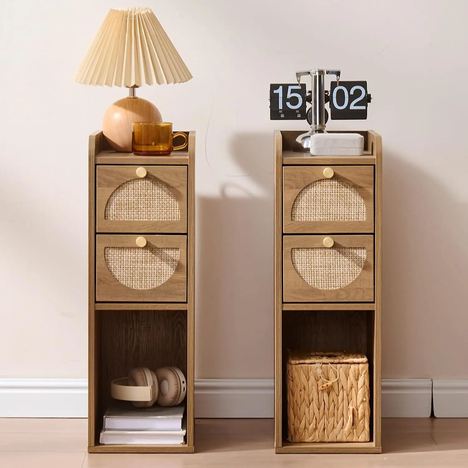 Narrow Nightstand Set Of 2 (Rattan & Wood) - Small Bedside Table With 2 Drawers, Open Shelf, Mid Century Modern End, Customized