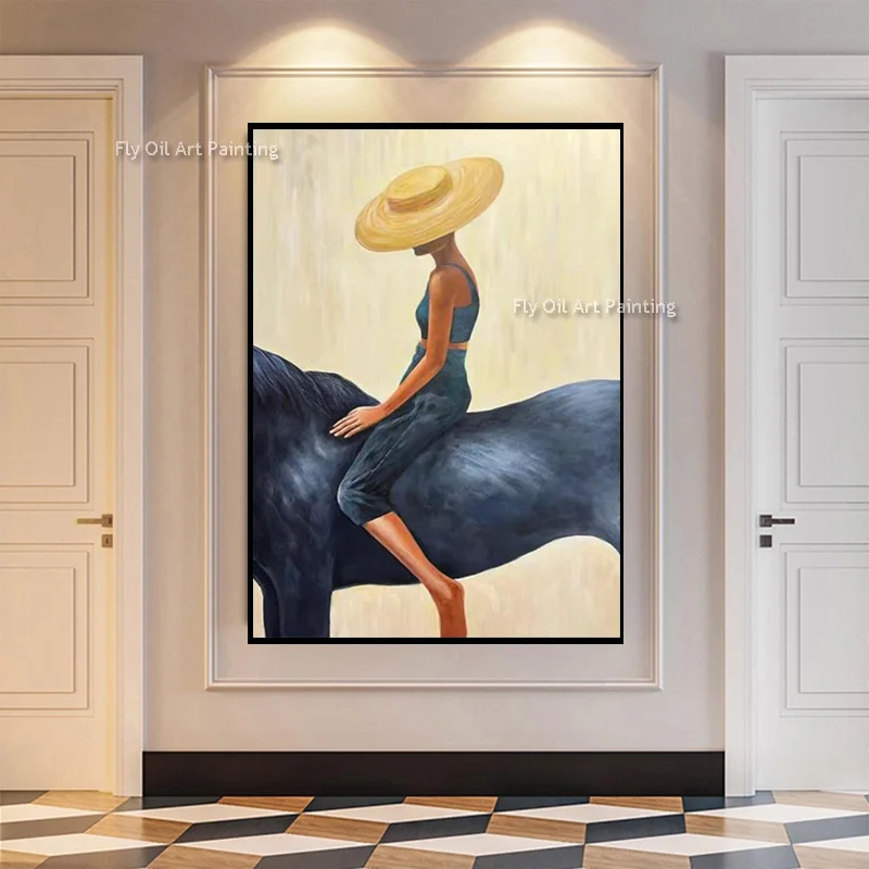 New Modern Yellow Dark Blue Women Riding Horse Canvas Oil Painting Handmade Original Fashion Black White Yellow Walll Decor