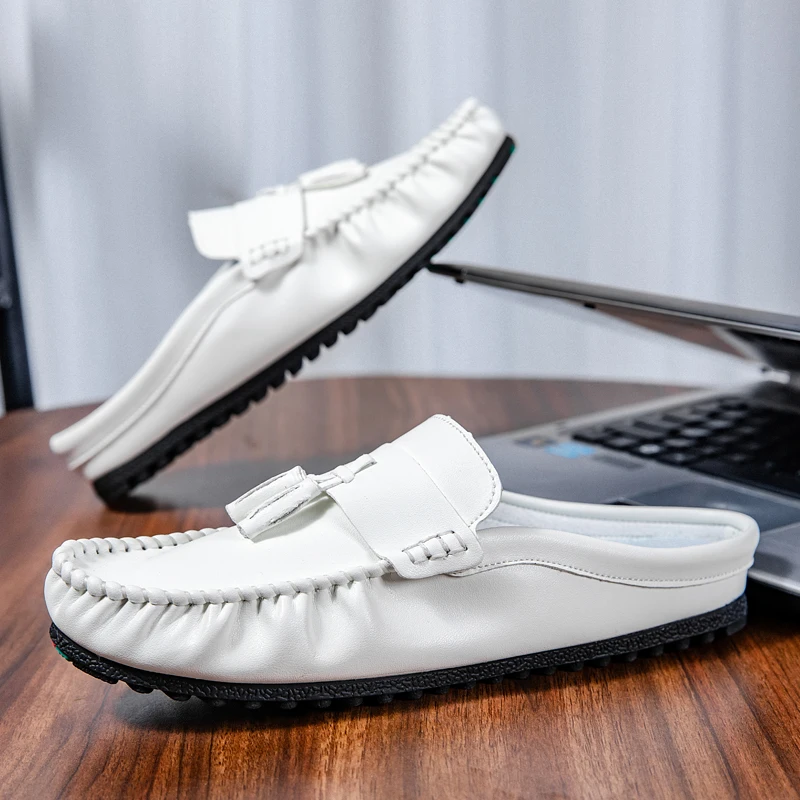 Plus Size 45 46 Mules Man Slip On Flats Half Shoes for Men Open-back Flat Sneakers Backless Casual Shoes Leather Slide Sandals