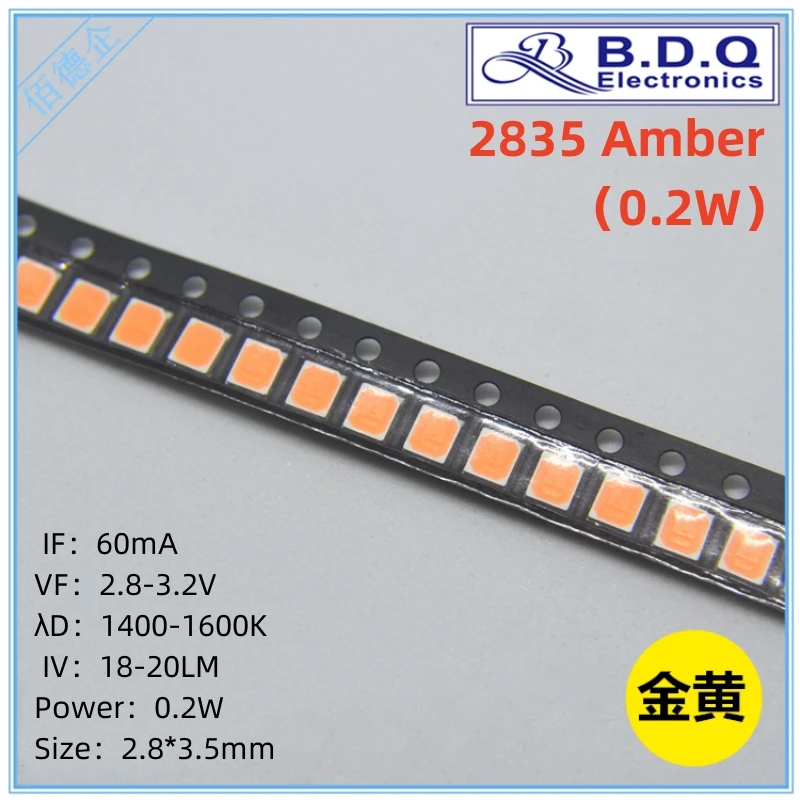 

100Pcs SMD LED 2835 0.2W Phosphor Amber 1400-1600K LED Lamp Beads Size 2835 Light-emitting Diode High Bright Quality