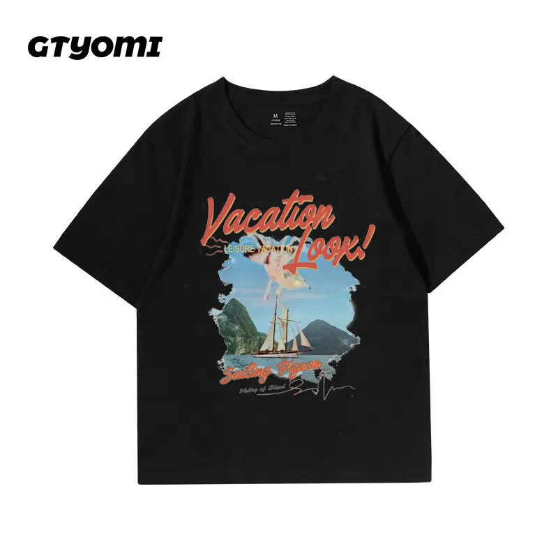 Vintage Retro Landscape Graphic Short sleev Shirt Cotton T-Shirt Streetwear Loose Korean O Neck Casual Harajuku Unisex Clothing