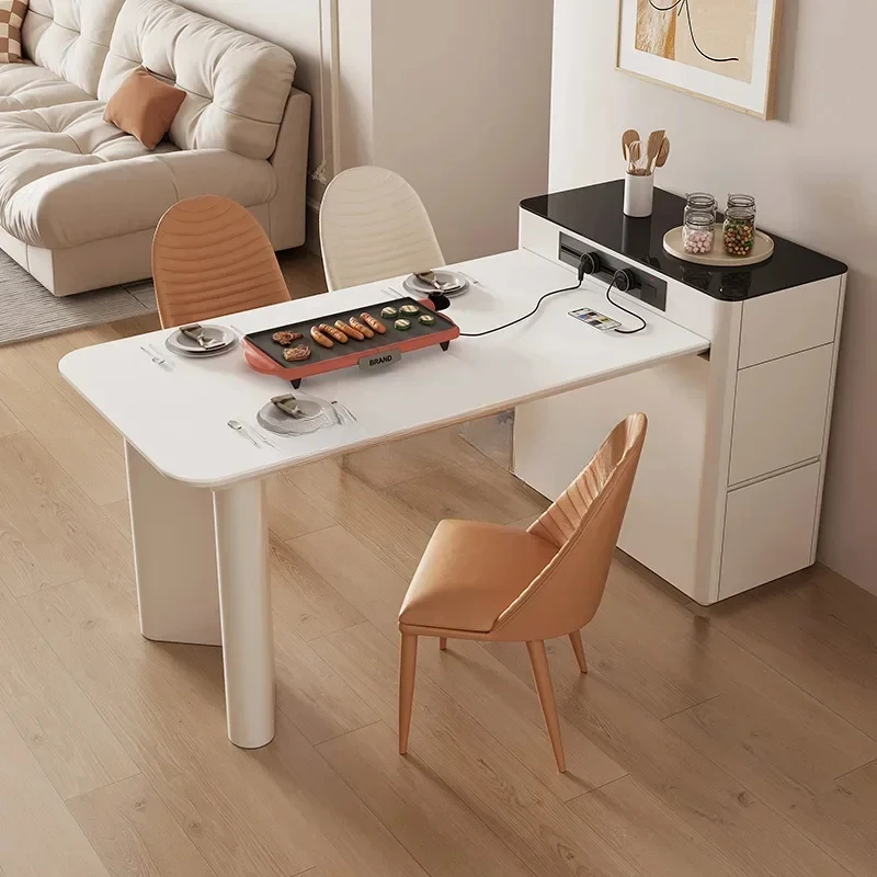 French small apartment island dining table integrated retractable rock slab simple modern home