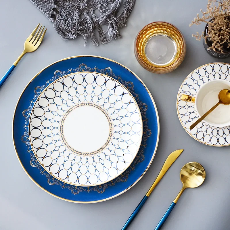 Nordic Exquisite Gold Plated Striped Ceramic Plate Villa Restaurant Western Tableware Dessert Salad Steak Plate Kitchen Utensils