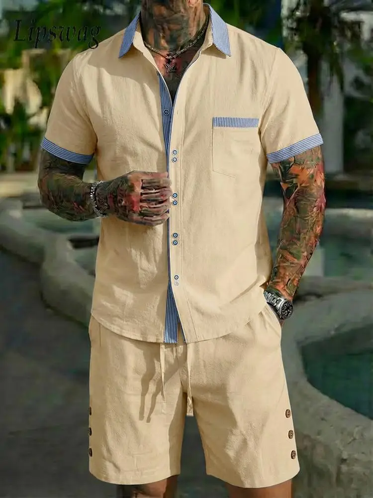 

Мужской летний комплект для отдыха на пляже: льняная рубашка с коротким рукавом и шорты в стиле пэчворк, модный летний костюм.