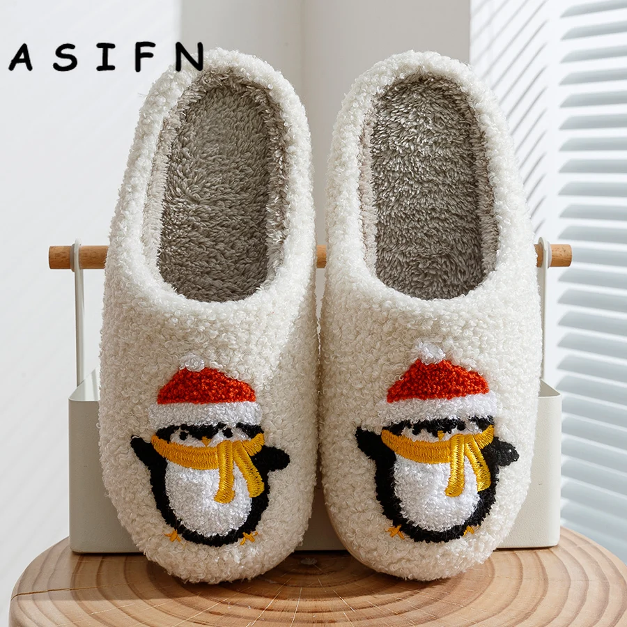 Winter Penguin Christmas Home Women\'s Slippers Cotton Cute Soft Comfortable Flat Slip-on Merry Christmas Bedroom Shoes for Gift