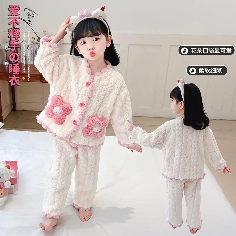 

Kawaii модный пижамный комплект для девочек, студенческий зимний утепленный повседневный фланелевой теплый топ, длинные штаны, комплект из 2 предметов, детская одежда