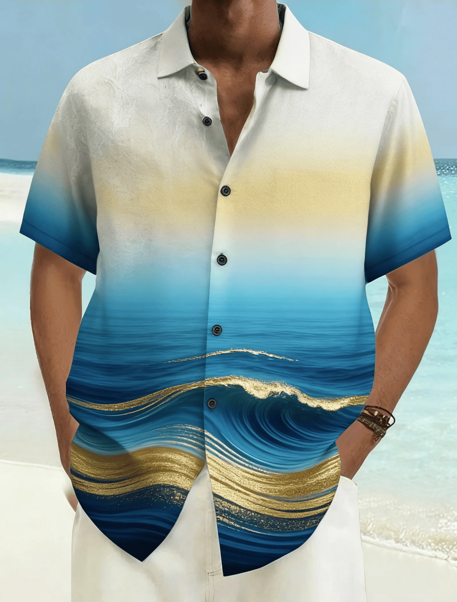 

Men's Blue Gold Gradient Print Short Sleeve Shirt, Spring Summer Luxury Hawaiian Vacation Blouse, Loose Casual Top