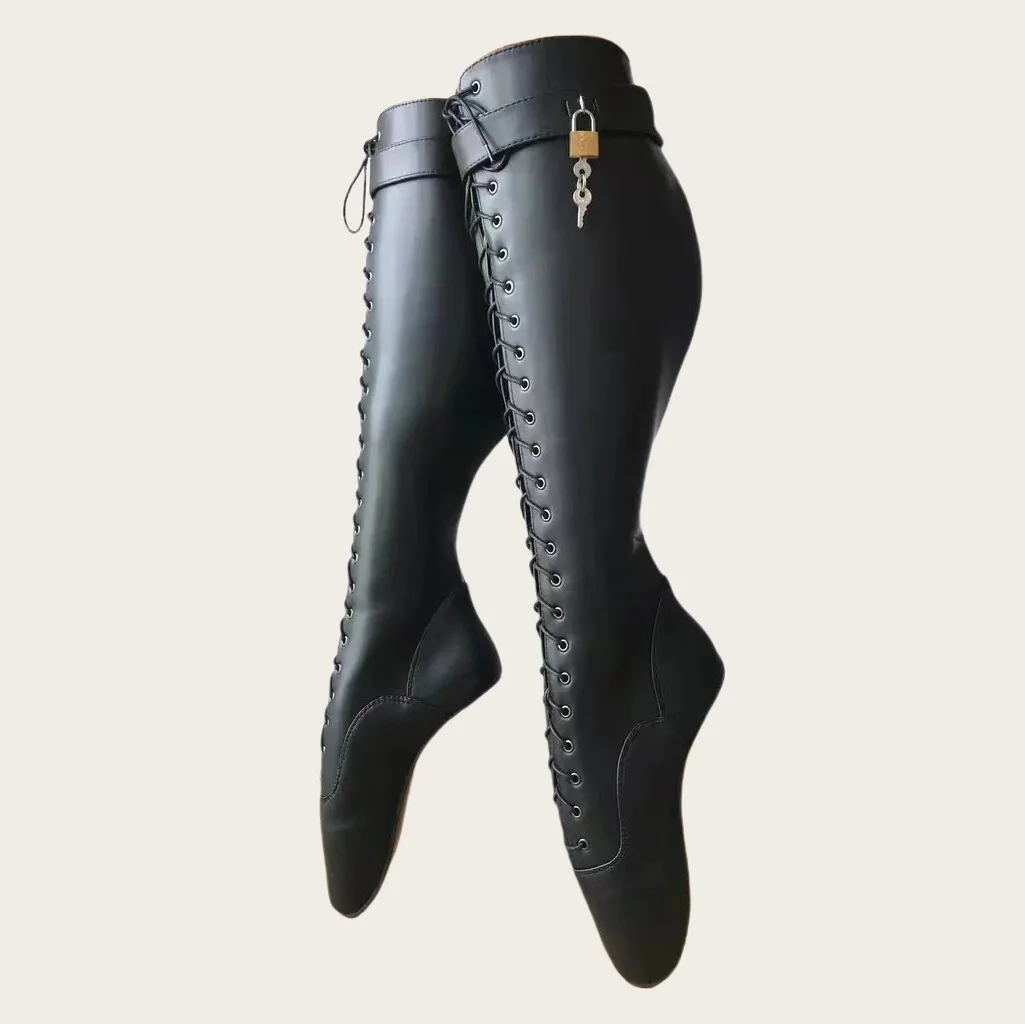 Belt Buckle Metal Lock Round Toe Knee-High Women Ballet Boots No Heels High Heels Side Zipper Design Large Size Shoes