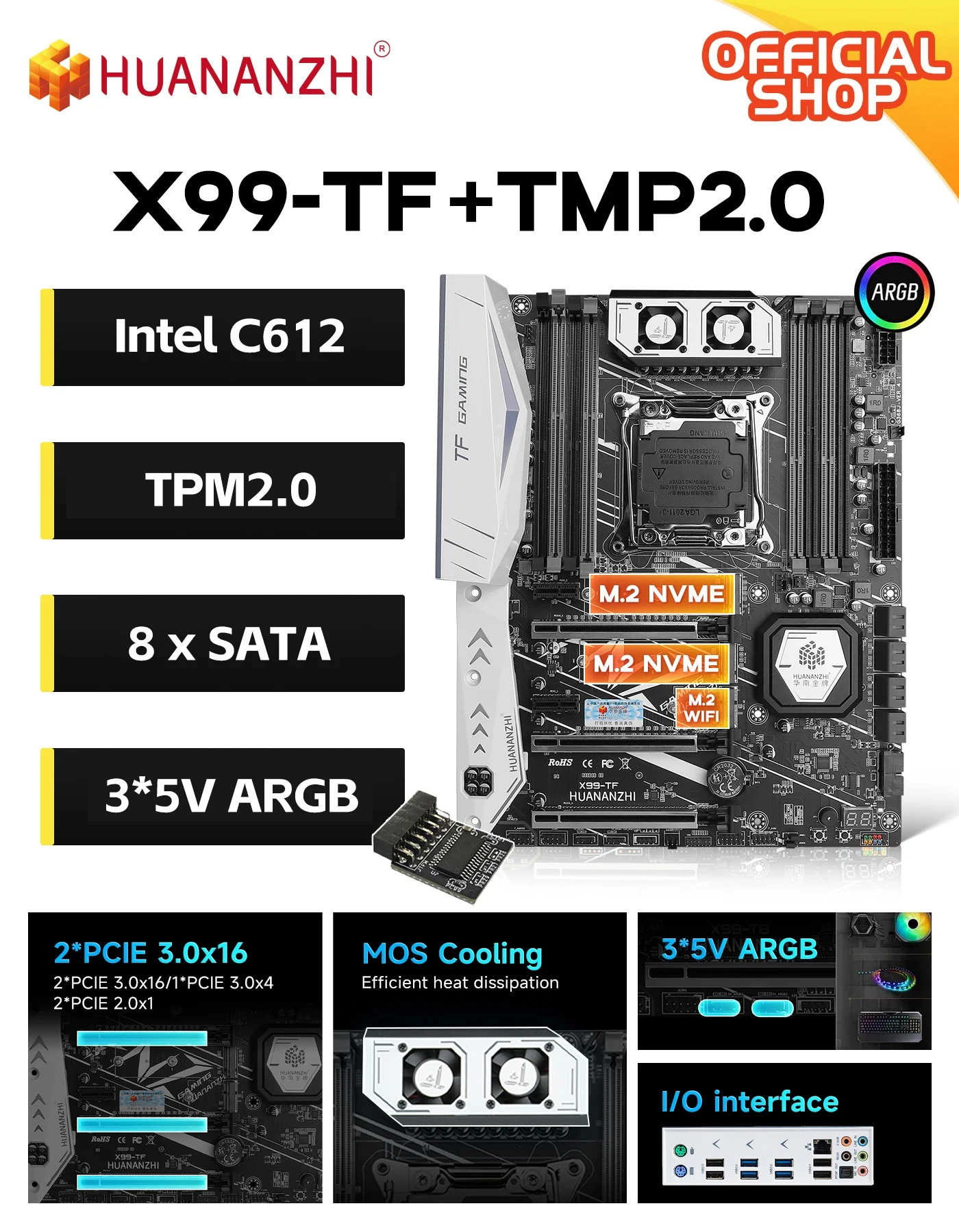 HUANANZHI X99-TF+TPM2.0 Motherboard LGA2011-3 ATX  ARGB