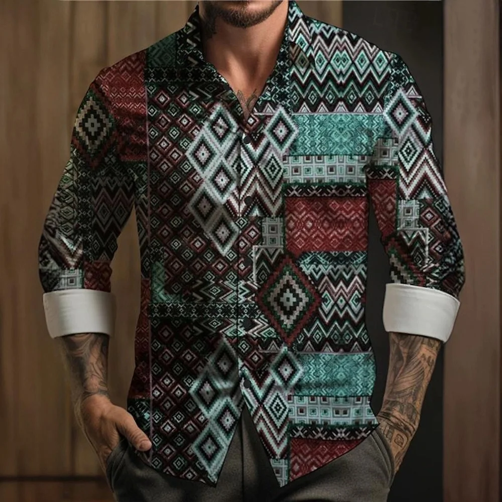 Men\'s Shirt Hawaiian Fashion Resort Casual Long Sleeve Shirt Men\'s Plus-size Lapel Button Up Top Vintage Plaid Print Shirt