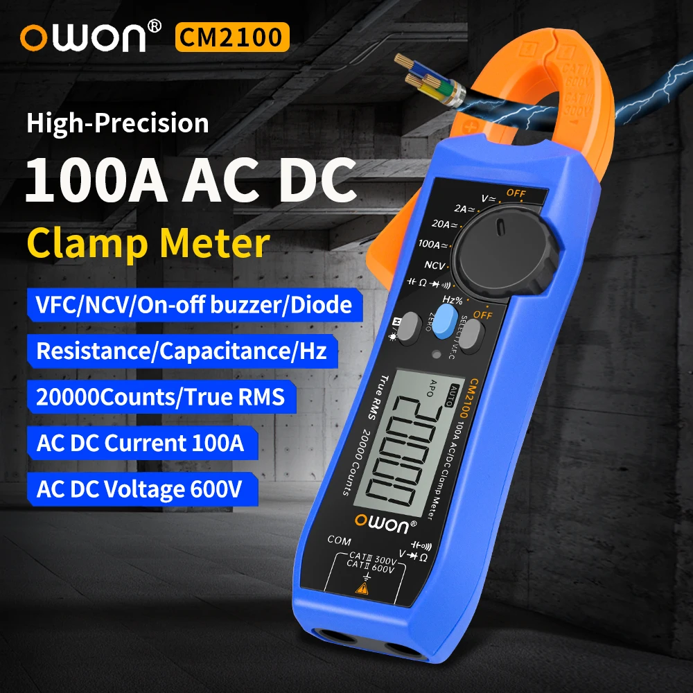 OWON CM2100 AC/DC Current Clamp Meter Digital Multimeter High-Precision 20000 Count Tester True RMS VFC Diode Portable Ammeter