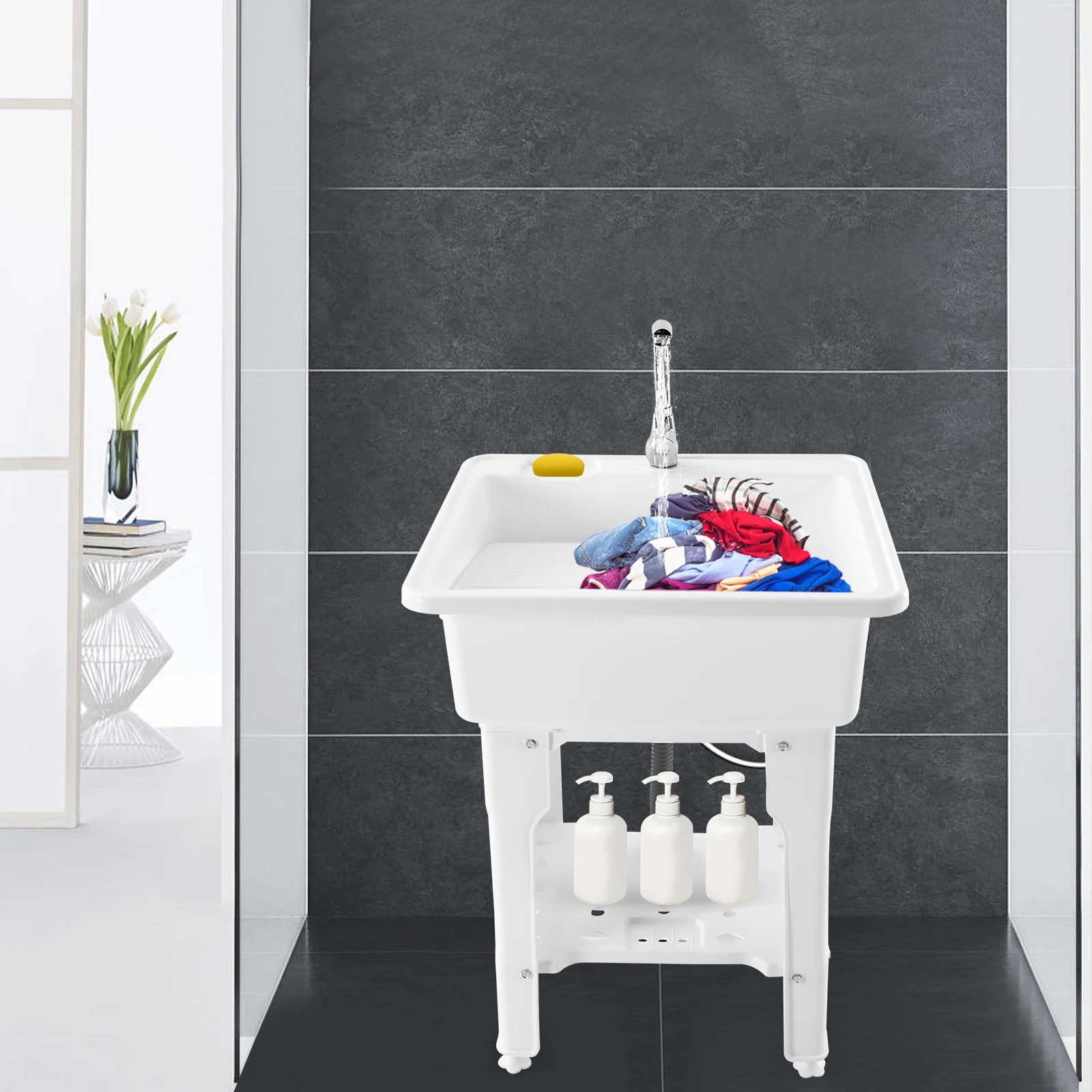 

Plastic Laundry Sink with 360 ° Rotating Hot & Cold Faucet Freestanding Washing Tub for Bathroom Garage, Utility Sink with Shelf