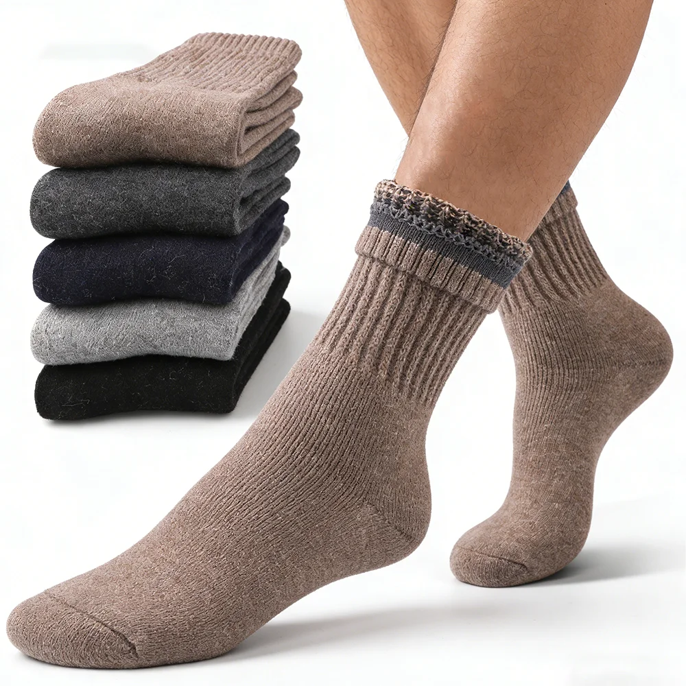 

5Pairs High Quality Merino Wool Socks Men's Winter Thick Plush Soft Snow Sock Women Comfy Casual Solid Crew Sock Outdoor Sports