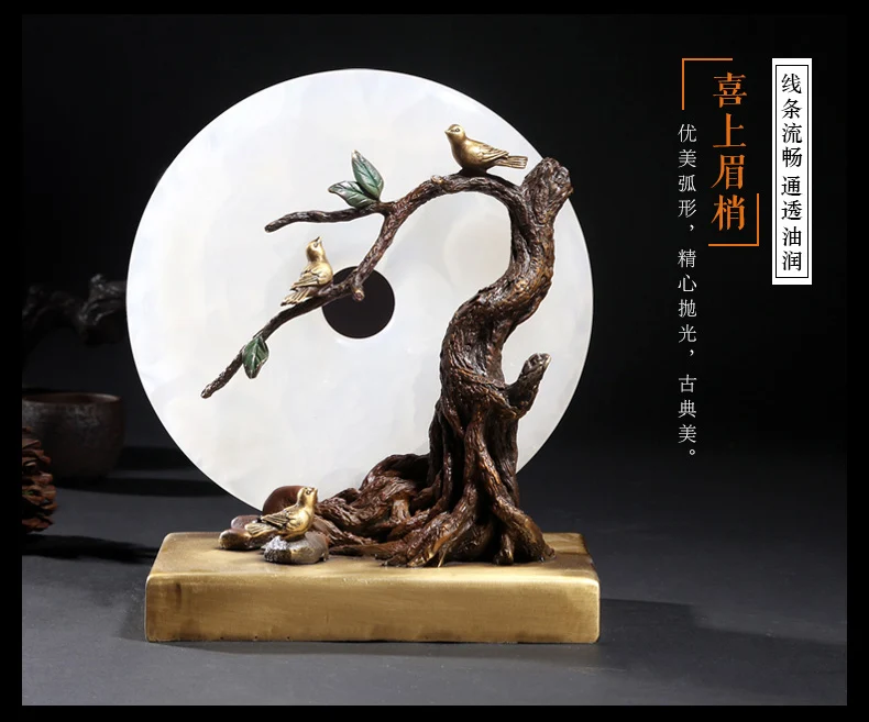 

Unique GIFT # home Business best Decoration 3D Tree Auspicious bird ART BRASS JADE statue sculpture 23