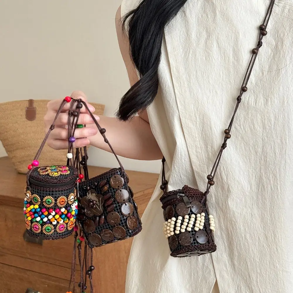

All-match Cloth Ethnic Style Crossbody Bag Retro Coconut Shell Handmade Weave Bag Vintage Handbag Bohemian Shoulder Bag Travel