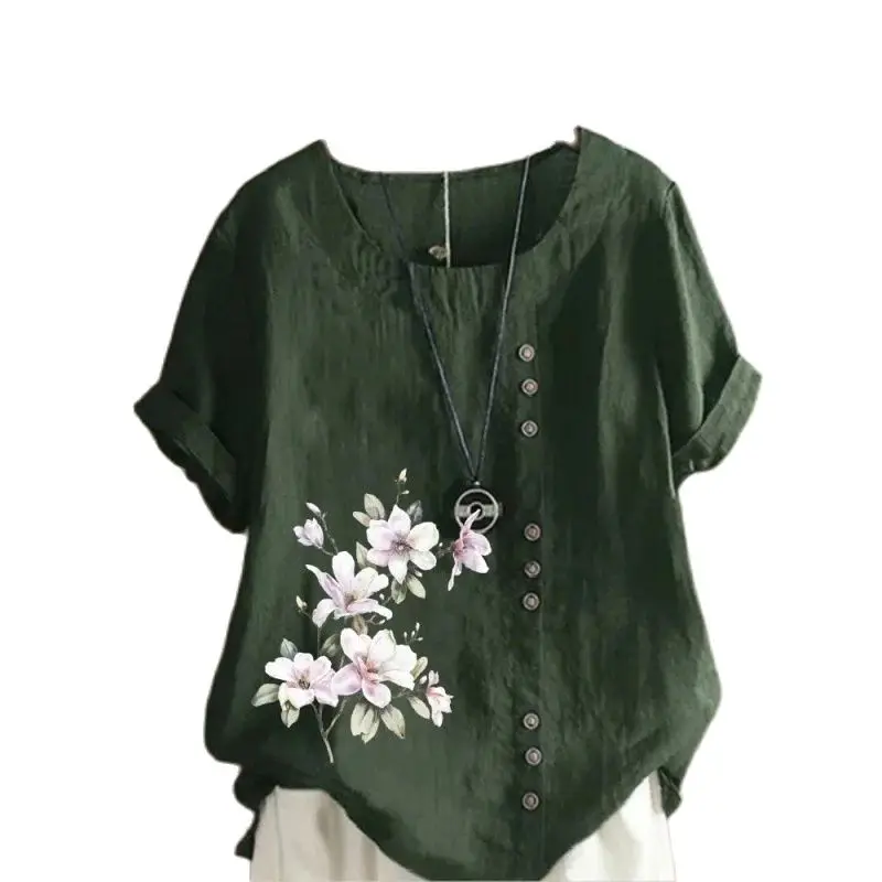 

T-Shirt Women Elegant Comfortable Cotton Linen New Single-breasted Splicing Decoration Tops Female Casual Flower Print Tees