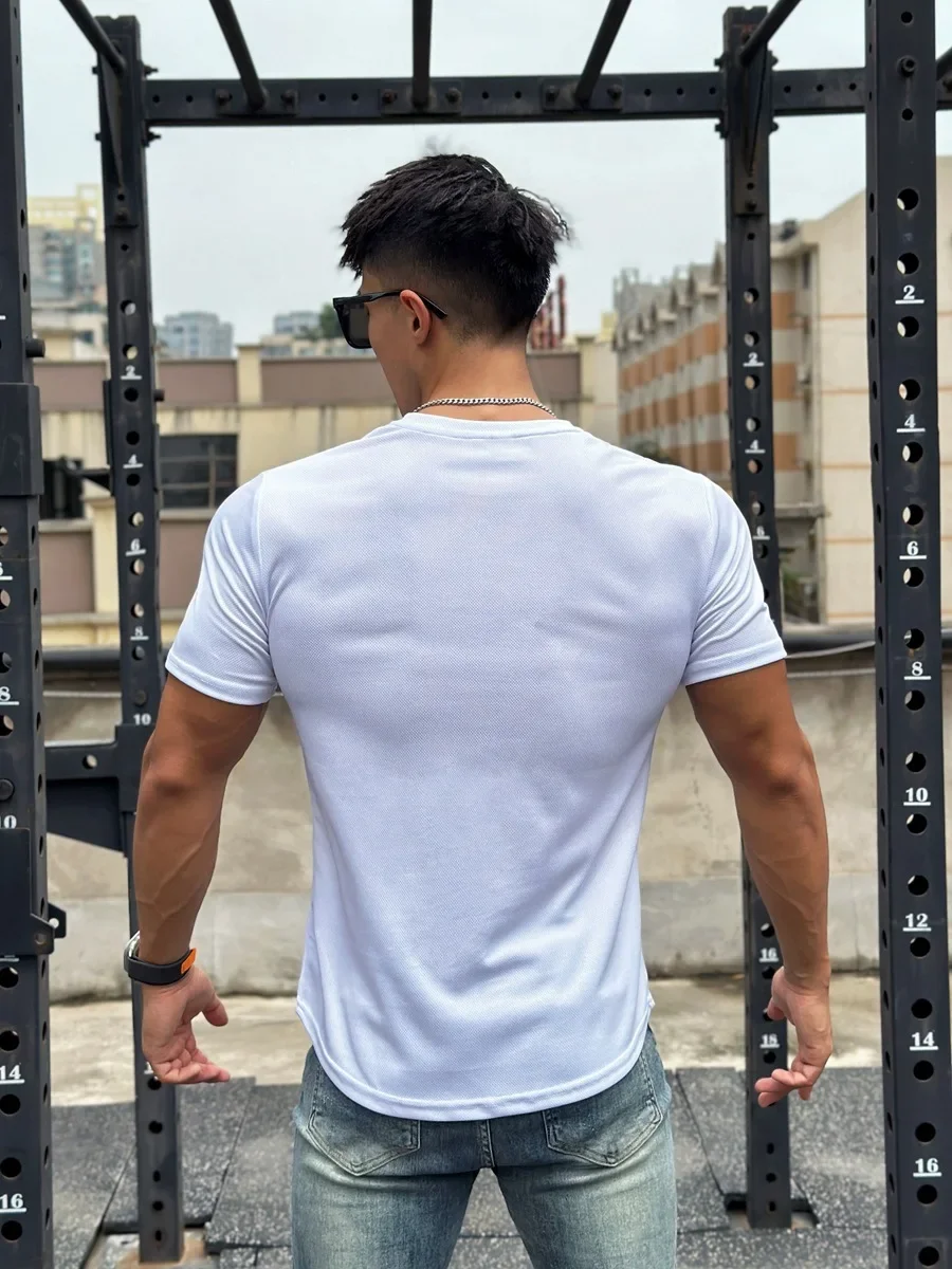 2024 new Men Summer Short Sleeve Fitness T Shirt Running Sport Gym Muscle T Shirt Workout Casual High Quality Tops Clothing image 3