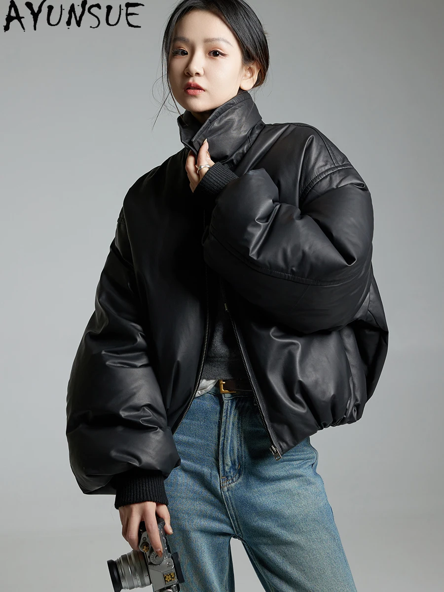 AYUNSUE Kurtka damska z prawdziwej skóry owczej, odzież zimowa, 90% białego puchu gęsiego, płaszcze damskie w stylu vintage, Jaqueta De Couro