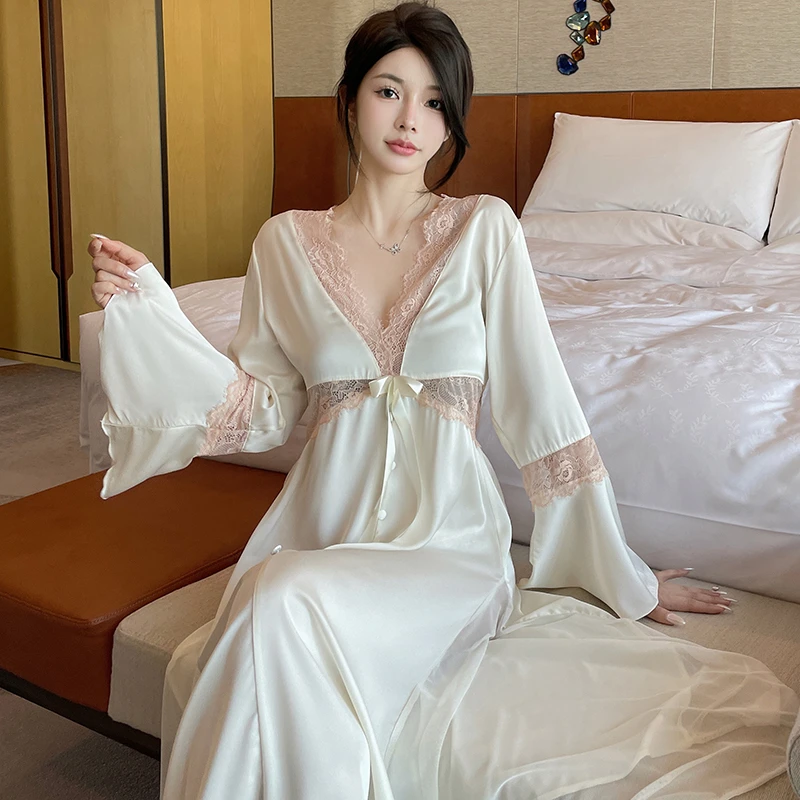 Spring and Autumn Solid Color Wind Ice Silk Sexy Pajamas Long Skirt With Breast Pad Thin Long Skirt Silk Pajamas Home Wear