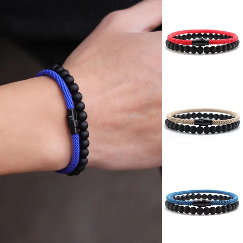 Einfache 2 Teile/satz Naturstein Seil Armband Unisex 4mm Milan Gewinde 6mm Onyx Perlen Armband Paar Termin Freizeit schmuck