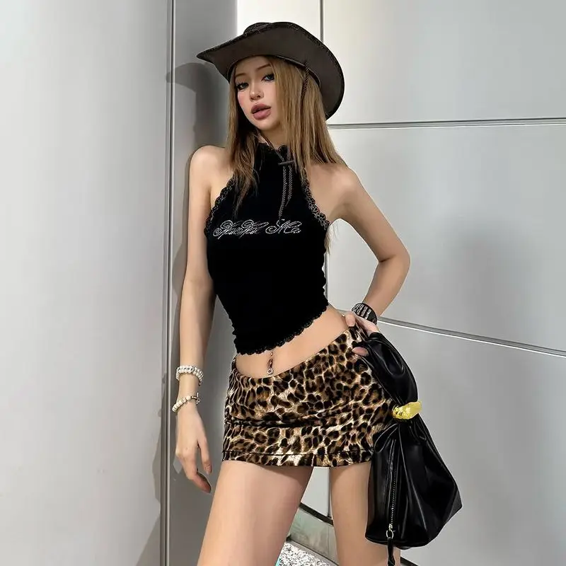 Street Sexy American Retro Leopard Print Low Waist Skirt Women Y2k Butt Wrap Mini Skirt