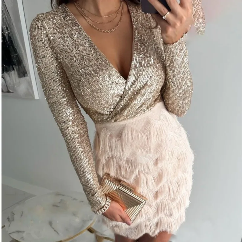 Elegant Party Club Sequin Multi-color Mini Dress With Tassel Loose Fitting Women's Sexy V Neck Tunic Short Dresses Abendkleider