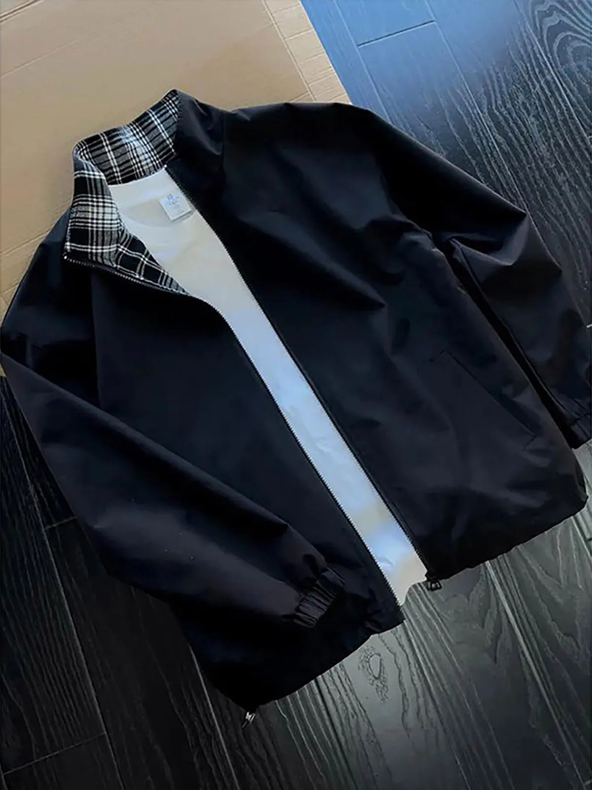 Black Cleanfit Plaid Patchwork Baseball Style Sport Coat Men's Autumn Casual Jacket Youthful Flip Collar Long Sleeve Zipper