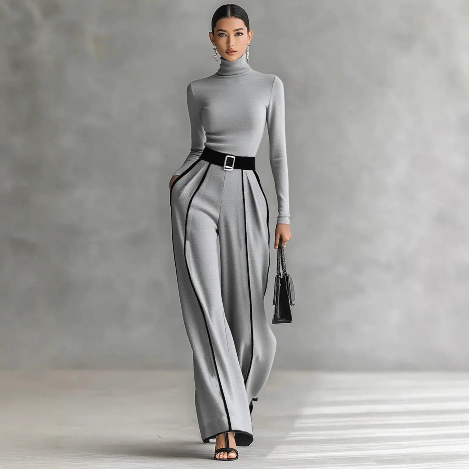 Winter Turtleneck Long Sleeve 2 Piece Sets Retro Solid Slim Top Pullover+Wide Leg Pant Suits Fall Contrast Color Straight Outfit