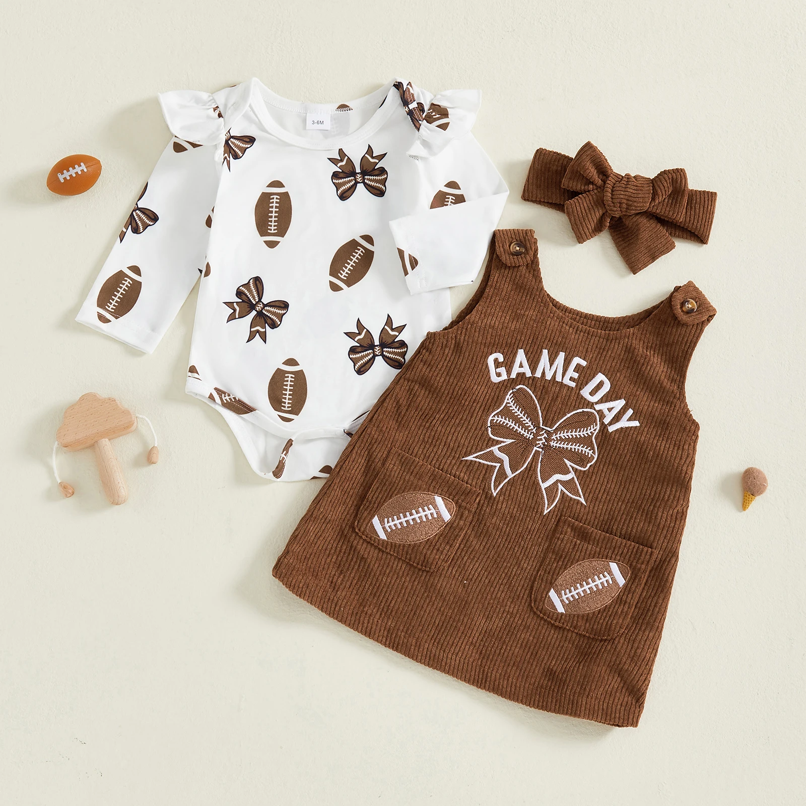 Baby Girl Fall Outfits Long Sleeve Football Romper Corduroy Overalls Dress Headband Set Infant Baby Autumn Clothes