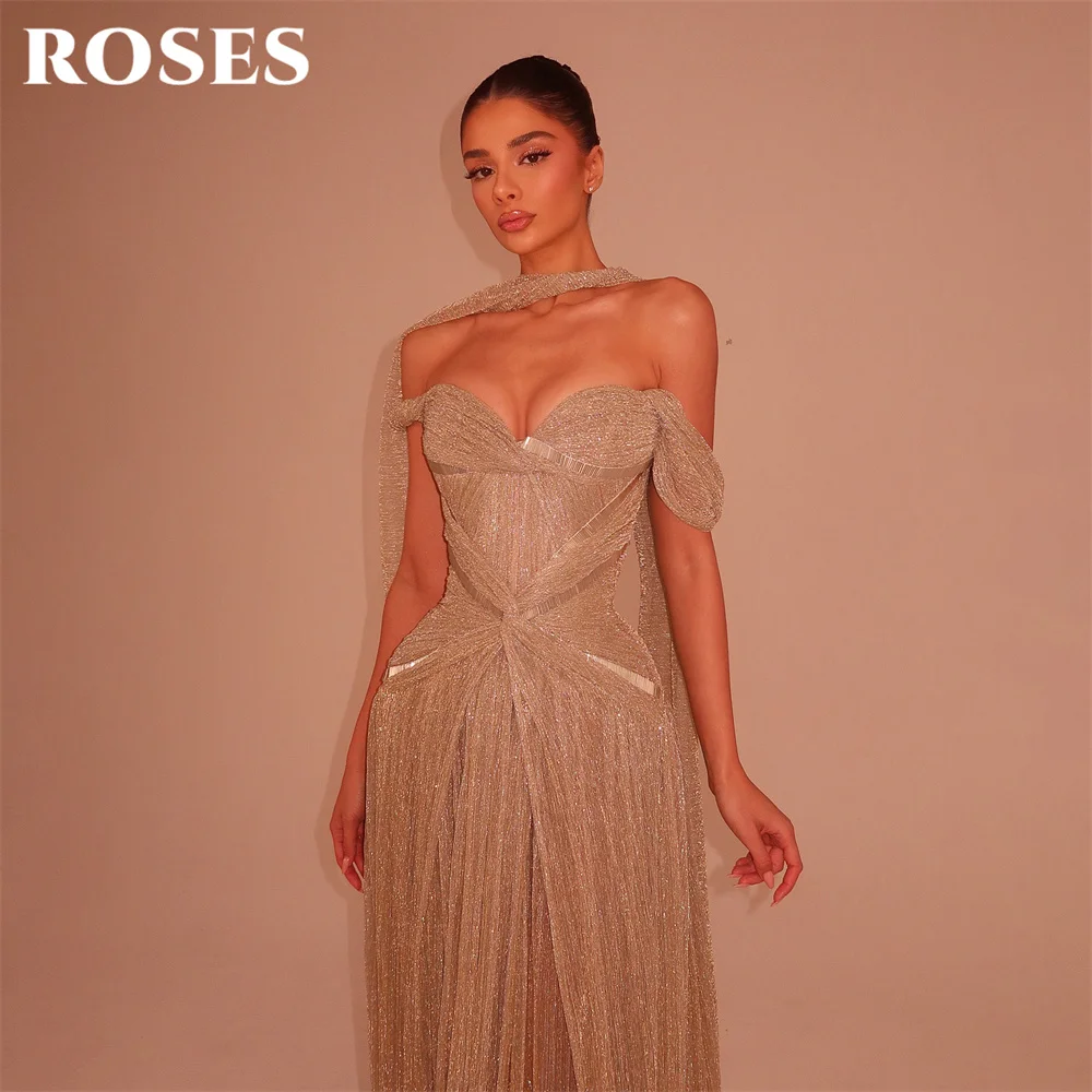 ROSES Champagne Party Dress Off the Shoulder Short Sleeve Evening Dress with Tassel فساتين السهرة Gala Dress Customized - view 2