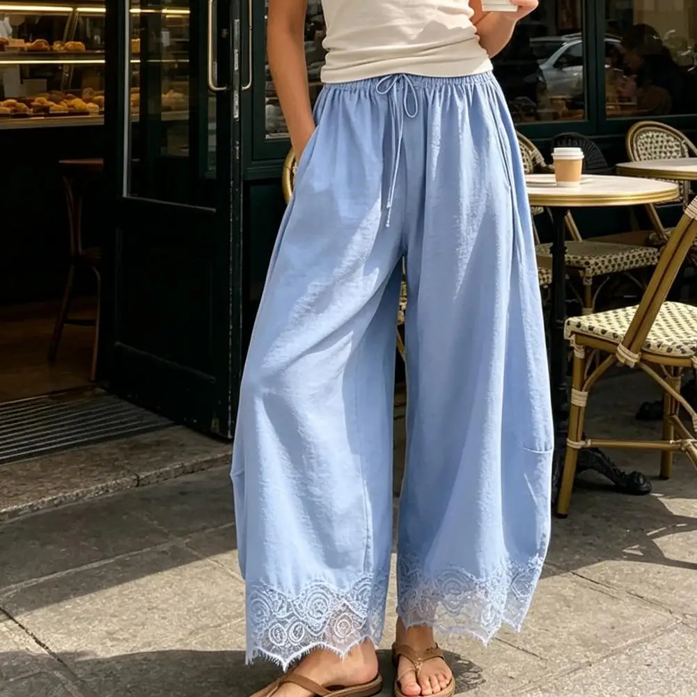 Lady Cropped Lace Hem Pants Curved Knife Shaped Pants With Elastic Waistband And Lace Hem Casual Loose Summer Wide Leg Trousers