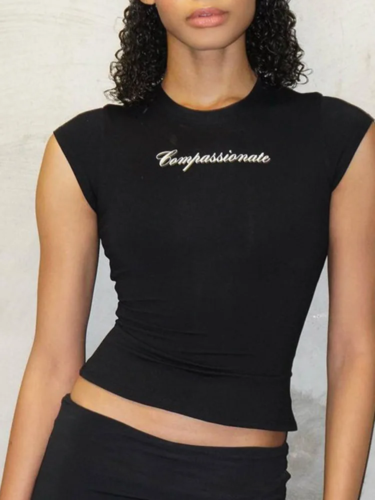Y2k Streetwear Crop Tops Letter Print Black Tees Short Sleeve Graphics T Shirt Womens