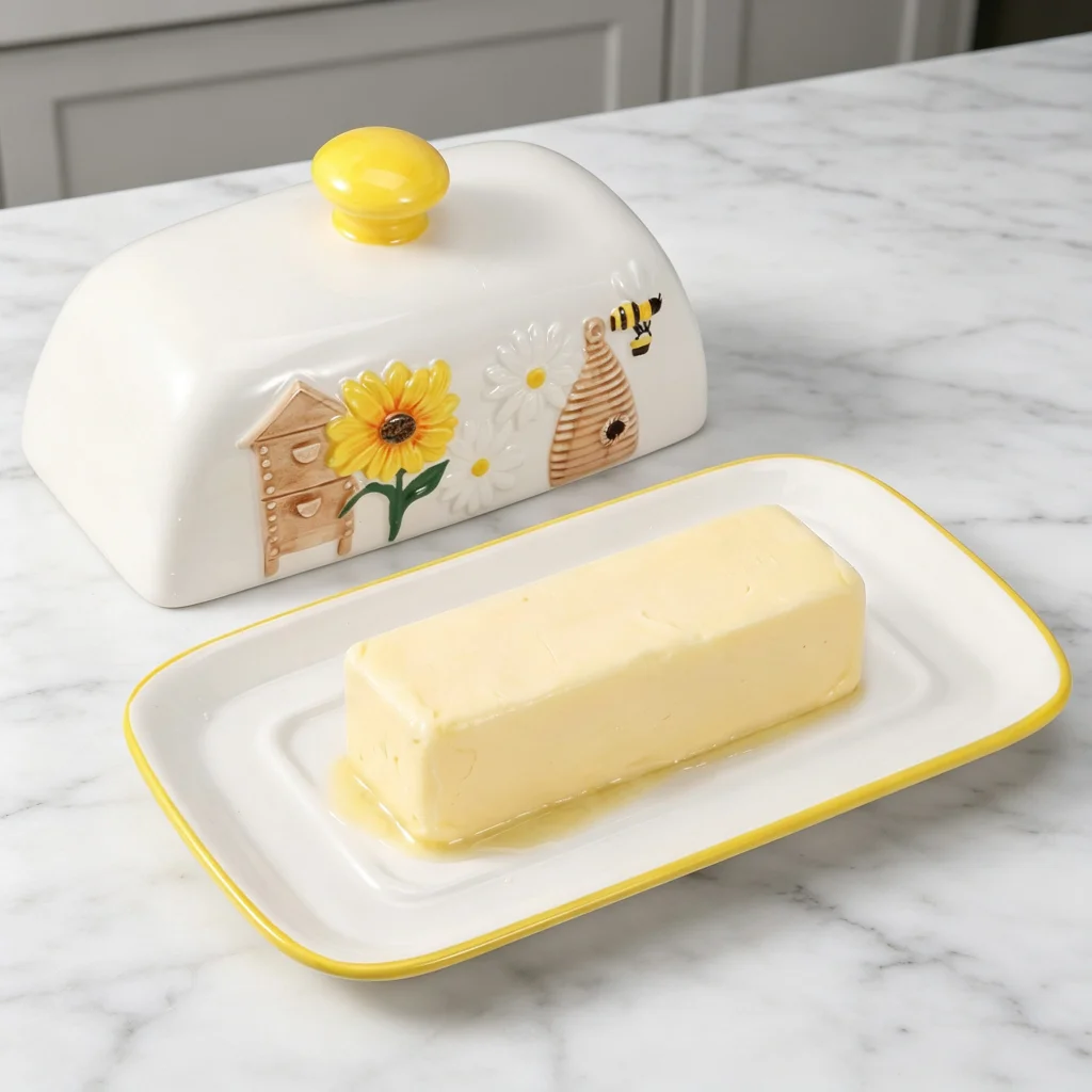 Ceramic Butter Dish with Sunflower Relief Lid for Kitchen Counter Display Butter Dish Butter Dish with Lid Ceramic Butter Keeper