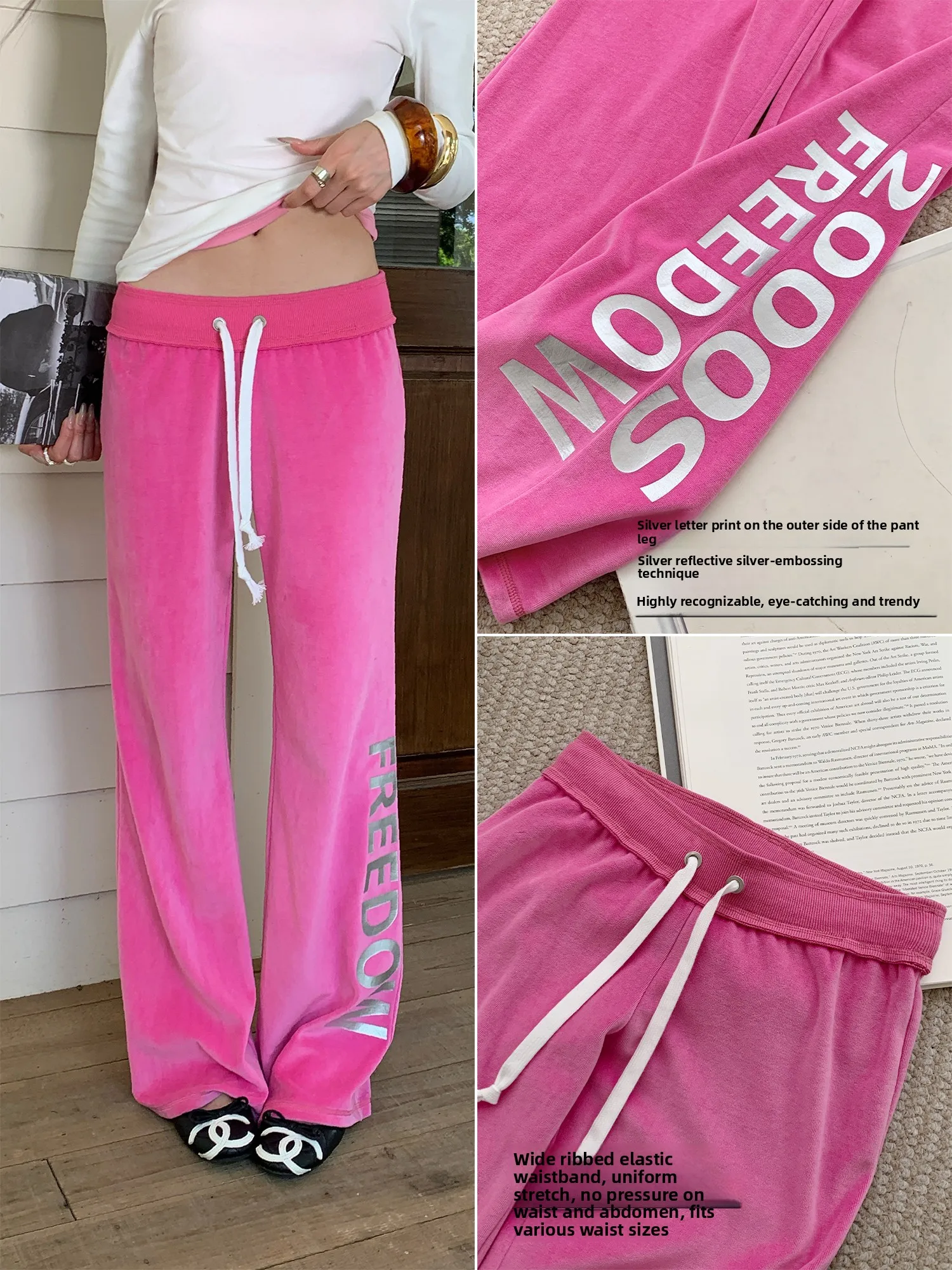 Audwyn Street Style Velvet Bell Bottom Pants Women's Side Letter Drape Casual Straight Leg Sweatpants Long Trousers