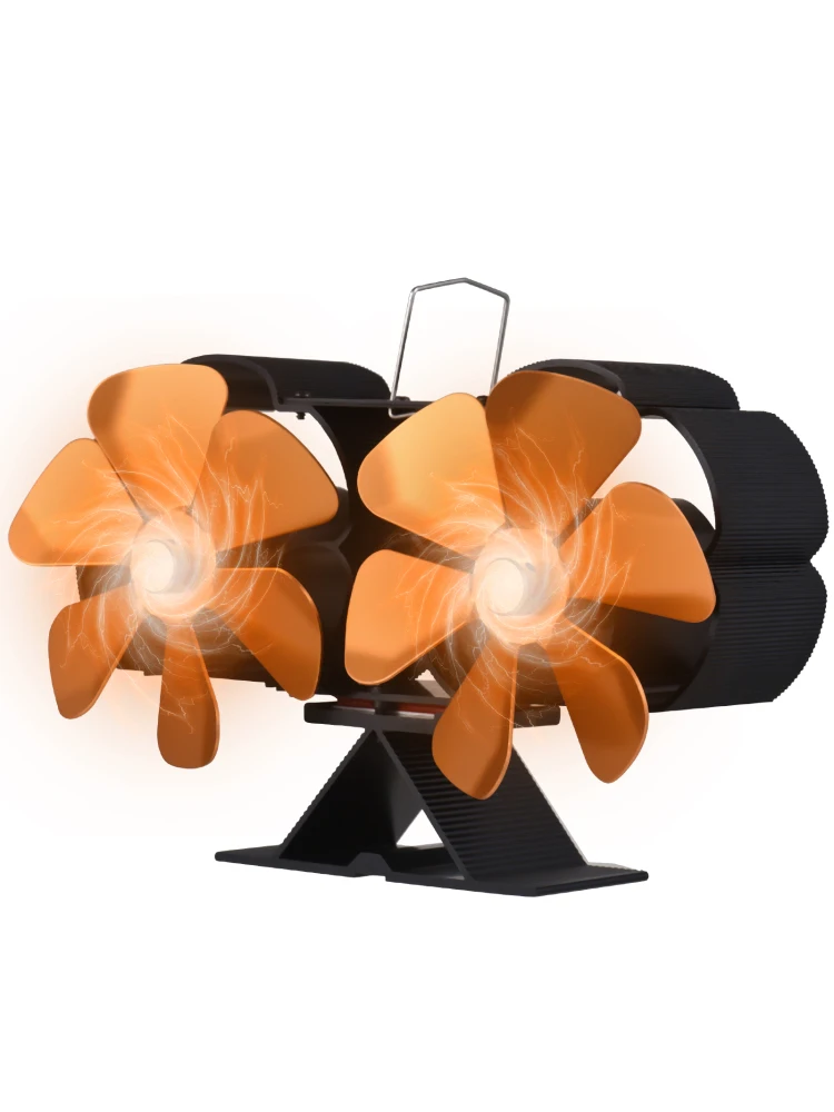 Dual Head 6 Blade Heat Powered Stove Fan with Carrying Handle and Overheating Protection Portable Heat Fan
